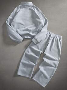 PAVTROS 男士休闲字母印花拉链卫衣和运动裤套装，秋季男士运动套装，包含卫衣和运动裤，Y2K风格男士两件套，男士街头风两件套运动裤 - 灰色 - 查看 2