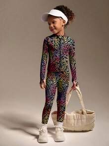 SHEIN Young Girls 2pcs Active Jacket & Leggings Set, Cute Black Floral Leopard Print, High Stretch Comfortable Fabric, Slim Fit, Suitable For Running, Fitness, Tennis, Badminton - Multicolor - View 6
