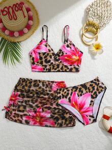 SHEIN Tween Girl Floral & Leopard Print Spaghetti Strap Tankini Bikini Set Set With Skirt