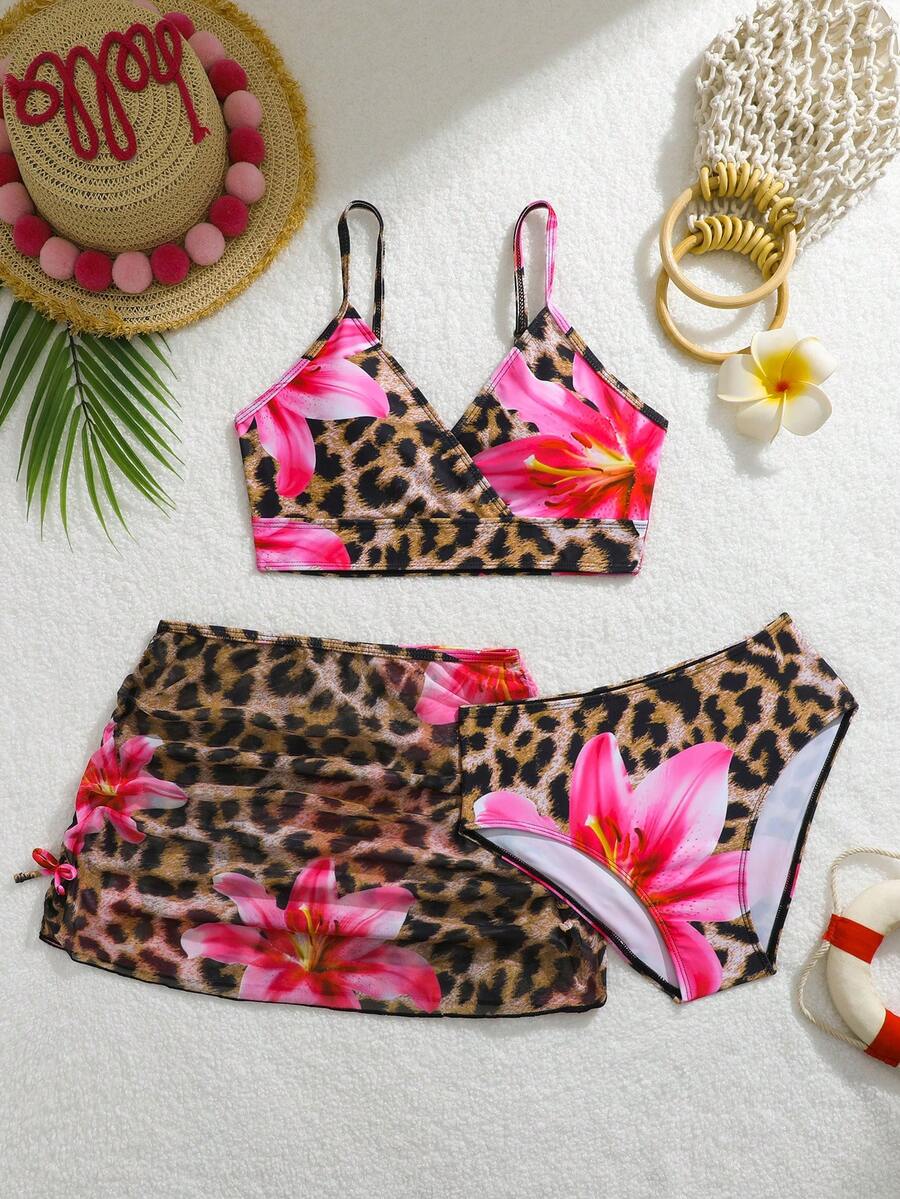SHEIN Tween Girl Floral & Leopard Print Spaghetti Strap Tankini Bikini Set Set With Skirt