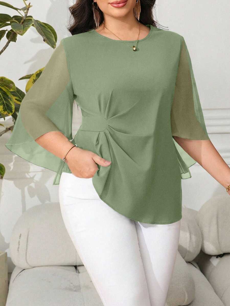 Reflora Plus Size Women's Elegant Chiffon Ruffle Sleeve Slim Fit Blouse, Spring/Summer Fall - Green - View 1