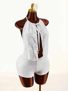 Amplova Women's Lace-Up Front Hollow Out Sexy Bodysuit Romper - White - View 8
