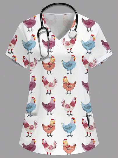 PopScrub Blusa con cuello en V blanca de manga corta con doble bolsillo, estampado de pollo de granja de dibujos animados, uniforme de enfermera/médico, uniforme de veterinaria, uniforme de nutricionista, ropa de trabajo funcional de múltiples bolsillos, ropa casual adorable para mujer