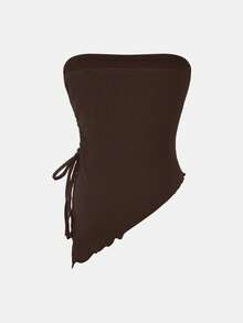 SHEIN Girlism Tween Girls' Fitted Casual Minimalist Comfortable Sleeveless Asymmetrical Hem Tank Top - Brown - View 2