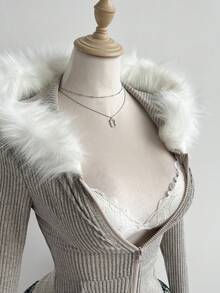Elamini 白色针织抓绒罗纹仿毛领长袖修身短款拉链连帽卫衣，女款，秋冬季，简约百搭，适合通勤、上学、休闲、运动、日常穿着，甜美可爱，适合外出和约会。 - 杏色 - 查看 7