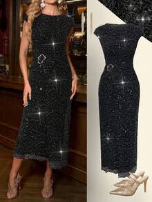 Ellevyn 夏季杏色亮面雪纺圆领短袖时尚金属装饰修身连衣裙，女款 - 黑色 - 查看 1