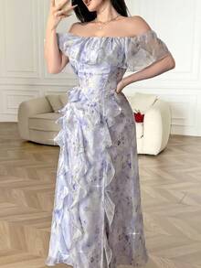 Feyla Women's Elegant Printed Off-Shoulder Long Dress - Multicolor - View 2