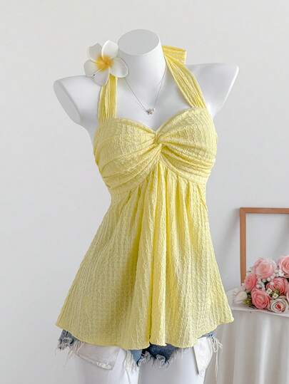 Comfortcana 女士纯黄色无袖扭结露背吊带上衣，时尚春夏度假阳光舒适约会派对外出可爱上衣，情人节