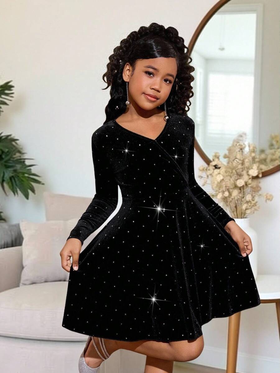 SHEIN Tween Girls Rhinestone Embellished Waist Cinched Velvet Dress, Suitable For Daily Wear, Festivals, Parties And Celebrations - Black - View 1