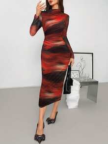 Ellevyn Women's Pleated Printed Mesh Knit Dress - Burgundy - View 6