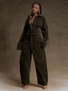 Denimoi Chaqueta vaquera de terciopelo con cuello, botones delanteros, cintura ceñida y puños de denim - Verde militar - Ver 2