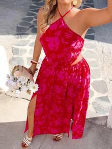 Vivid Eden Plus Size Women's Red Summer Boho Satin Vacation Holiday Floral Print Maxi Dress,Elegant Halter Cutout Backless Design Birthday Party Outfit - Red - View 3