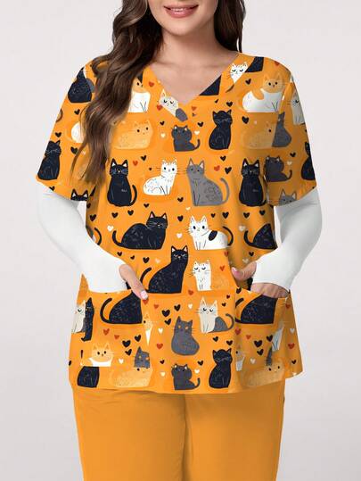 PopScrub 加大码夏季制服上衣，休闲猫咪动物卡通印花护士服