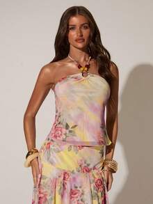 SHEIN BAE Women's Spring/Summer Vacation Casual Printed Pattern Beaded Halter Neck Tank Top, Suitable For Vacation, Casual Outings, Music Festivals, Printed Tank Top - Pink - View 3