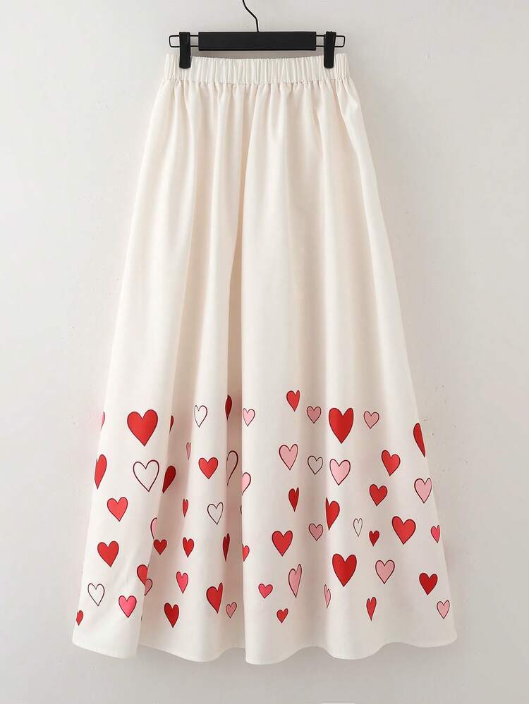 Franclia Saia Casual de Comprimento Médio com Cintura Elástica e Padrão de Coração Degradê, Ideal para Uso Diário, Passeios e Encontros, Primavera/Verão - Multicolorido - Visão 2