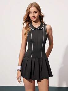 CourtClass Black Line Design Sleeveless Fitted Yoga Sports Dress With Pockets, Casual & Versatile - Black - View 6