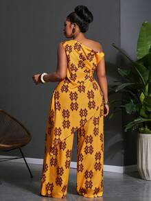 Veslaya Conjunto de top corto con hombros asimétricos y pantalones de pierna ancha con estampado floral amarillo, estilo de festival de música, Pascua, occidental y nómada, adecuado para fiesta de cumpleaños, casual, vacaciones, crucero, playa, fiesta elegante y uso diario, talla grande, primavera temprana 2026 - Multicolor - Ver 3