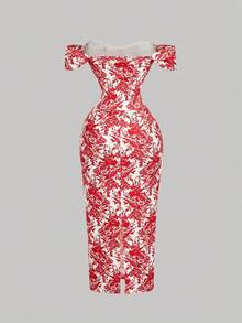 SHEIN MOD 女士蓝白印花露肩修身连衣裙 - 紅色 - 查看 2