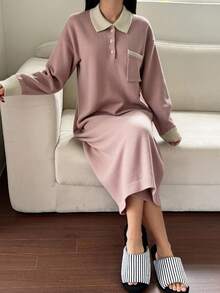 DAZY Rochie lungă, lejeră, tricotată, minimalistă, în culori contrastante, pentru femei, lejeră, lejeră, pentru casă, de iarnă - Roz - Vizualizare 7