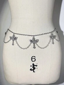 ROMWE Goth 1件装女士哥特风银黑交叉多层链条腰链配饰，百搭日常、万圣节 - 銀色飛蛾十字架雙層腰鏈 - 查看 7