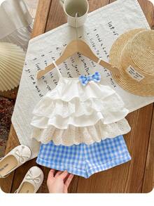 Babygirl Summer Cute Vacation Ruffle Camisole Top And Plaid Shorts Set - Blue - View 9