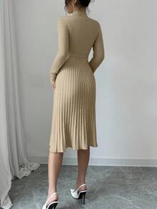 Selianne 女士优雅纯色罗纹针织连衣裙，秋季 - 卡其色 - 查看 2