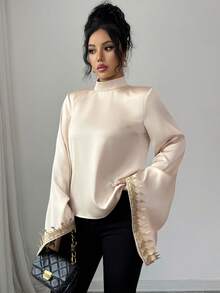 Selianne New Women's Glossy Fabric Stand Collar Flare Sleeve Cuff Gold Floral Trim Casual Commuter Vacation Elegant Blouse - Apricot - View 3