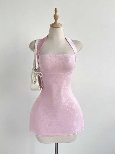 Elamini Women's Sweet Halter Colorblock Mesh Butterfly Print Mini Party Dress, Waist Cinched Sexy, Cute Butterfly Tie Back Design