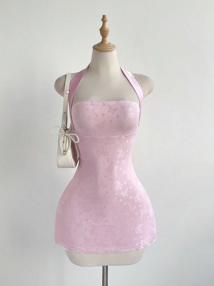 Elamini 女士甜美露背撞色网纱蝴蝶印花迷你派对连衣裙，收腰性感，可爱蝴蝶结系带露背设计 - 粉色 - 查看 1