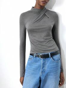 Maija Camiseta de manga larga ajustada con detalle de nudo en el frente, color gris, casual y cómoda para el estilo de vida urbano, adecuada para otoño/invierno y primavera para mujeres - Gris - Ver 3