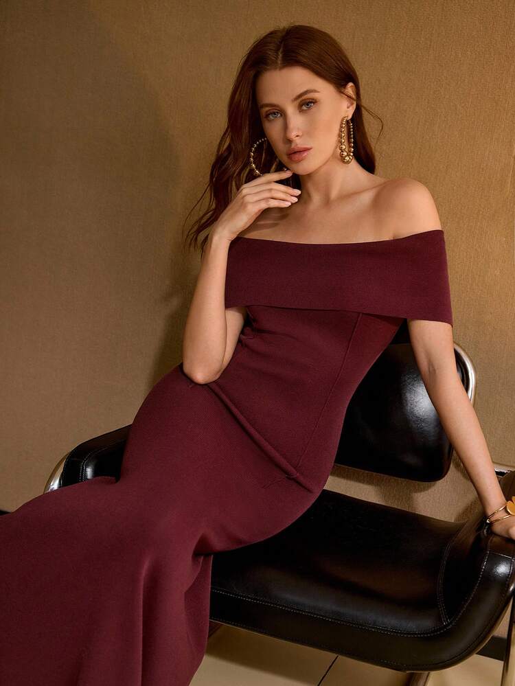 WOMEN'S ELASTIC KNIT FOLDOVER OFF SHOULDER MERMAID HEM FITTED LONG KNIT DRESS
