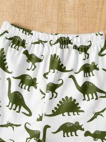 SHEIN 一套男婴时尚简约可爱恐龙印花仿口袋设计上衣和恐龙印花短裤套装，夏季