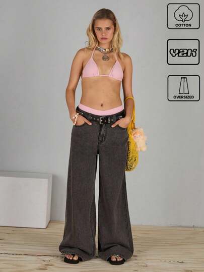 COUREZ Low Rise Oversized Jeans With Adjustable Back Strap In Grey Wash /Y2K/Casual/Cotton/Summer Outfits For Women Cotton Cotton Vintage