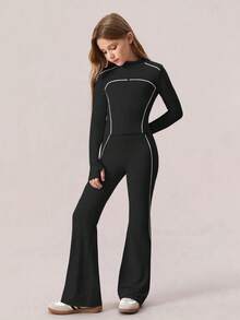 SHEIN Conjunto de 2 piezas para niñas preadolescentes - Chaqueta deportiva de punto de unicolor con rayas de contraste y pantalones slim acampanados, estilo casual escolar de moda deportiva, color lila claro - Negro - Ver 3