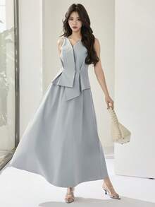 Heiryn 女士优雅通勤纯色束腰无袖上衣和半裙两件套 - 藍色 - 查看 5