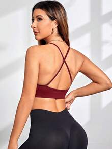 Easithlete Áo ngực thể thao không đường may, thoáng khí, màu trơn, kiểu dây chéo lưng. - Màu Đỏ Sâu - Xem 2