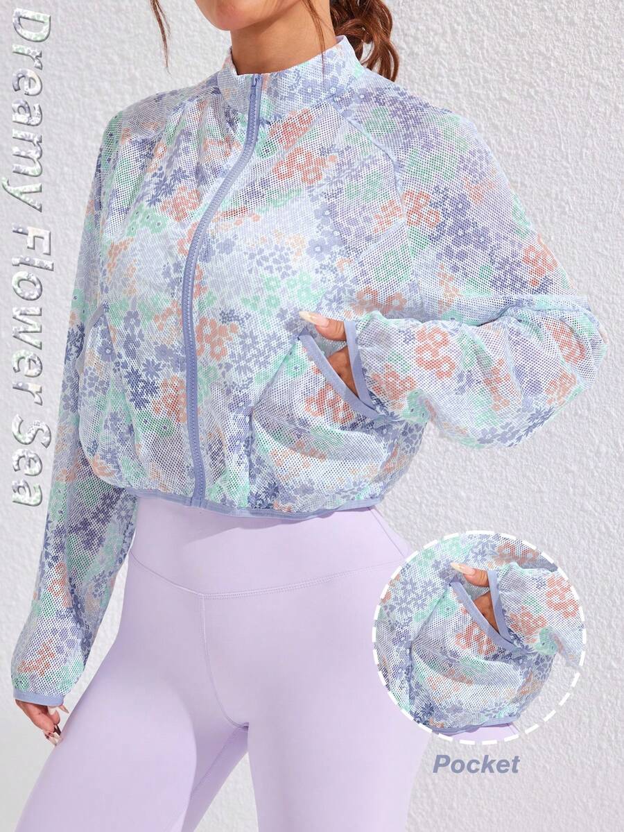 SHEIN Sovereign Charm 女士高领透视性感外套,带口袋,休闲运动跑步健身户外活动长袖外套 - 藍色 - 查看 1
