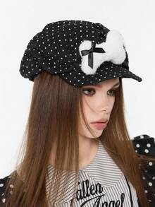 ROMWE Grunge Punk 1pc Punk Style Circular Hollow Rivet Beret Hat, Y2K Round Pendant Newsboy Cap, Daily Personalized Fashion Item - Black - View 6