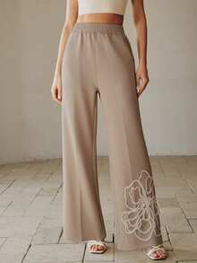 Anewsta 优雅时尚休闲外出/派对针织弹力抽绳刺绣3D花卉卡其色女式运动裤，春夏、新年、情人节穿搭 - 卡其色 - 查看 2