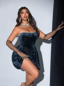 Viva Relle Plus Size Sexy Strapless Ruched Peplum Dress - Navy Blue - View 8