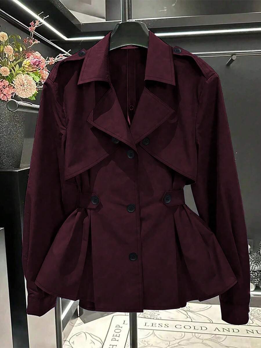 Franclia Women's Fashionable Casual Cinched Waist Trench Coat - Burgundy - View 1