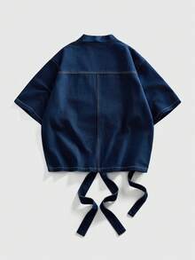 ROMWE MEN Friday the 13th X ROMWE 男士宽松牛仔衬衫，带缎带 - 黑色 - 查看 6