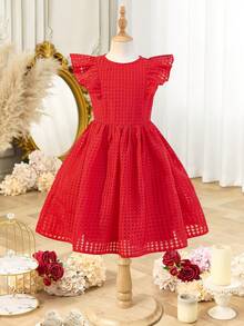 SHEIN Vestido casual con cuello redondo y volantes en el bajo para niña preadolescente de unicolor tejido - Morado - Ver 7