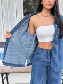 Rivivi 女士时尚条纹长袖水洗牛仔衬衫 - 深色水洗藍 - 查看 7