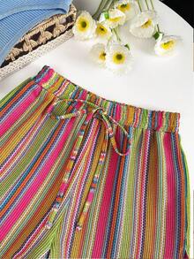 Franclia 女士休闲度假风撞色条纹印花抽绳腰宽松短裤，夏季 - 彩色 - 查看 5