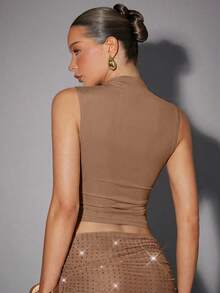 Hauture Sexy Summer Party Burgundy Red Mock Neck Hot Fixed Rhinestone Double Layer Mesh Tank Top - Khaki - View 2