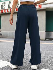 SHEIN Unity Women's Solid Color Minimalist Casual Wide Leg Pants - Navy Blue - View 2