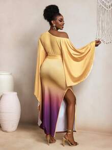 SHEIN BamGlam Ladies' New Style, Off-Shoulder Asymmetrical Long Sleeves, Strap Tie With Gradient Print, Middle Eastern Robe, Festival Long Dress - Multicolor - View 2