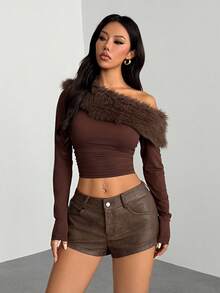 SHEIN PETITE Quần short da giả cạp thấp kiểu retro gợi cảm dành cho nữ - màu nâu - Xem 8