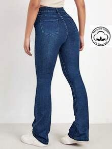 Flexra Quần jeans ống loe cạp cao màu xanh denim đã giặt tẩy - Màu xanh lam - Xem 2
